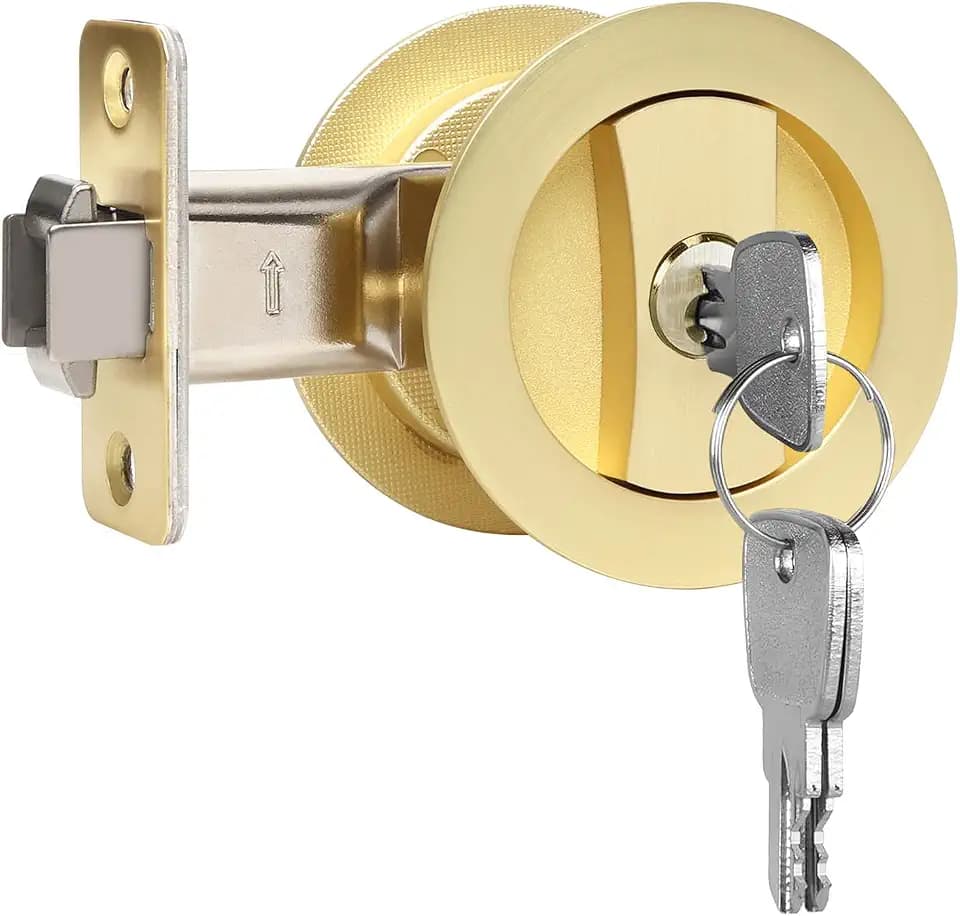 Dontay Pocket Door Keyed Lock, Round Contemporary Entrance Sliding Barn Door Lock Latch, Recessed 2 Sided, 2-3/8 inch Backset, Flush Handles Hardware(Satin Brass,1)