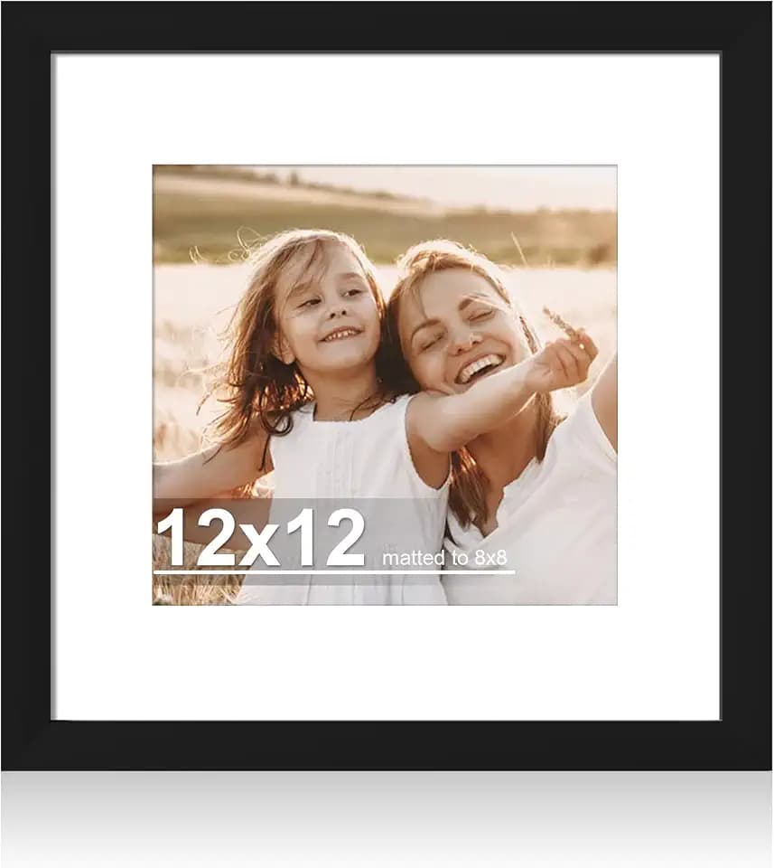 Hongkee 12x12 Picture Frame with Real Glass Wood Frame, 1 Pack (Mat 8x8)