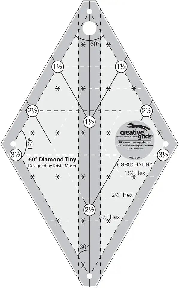 Creative Grids 60 Degree Tiny Diamond Ruler – CGR60DIATINY – Made in USA, Non-Slip Grip Acrylic Quilting, Sewing, Crafting, Patchwork Ruler & Template