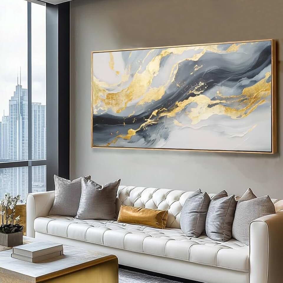 Framed Canvas Pictures Gold Wall Art Abstract Wall Art Blue Decor Metal Arts Large Prints Picture 24"x48" Artwork for Living Room Gallery Office