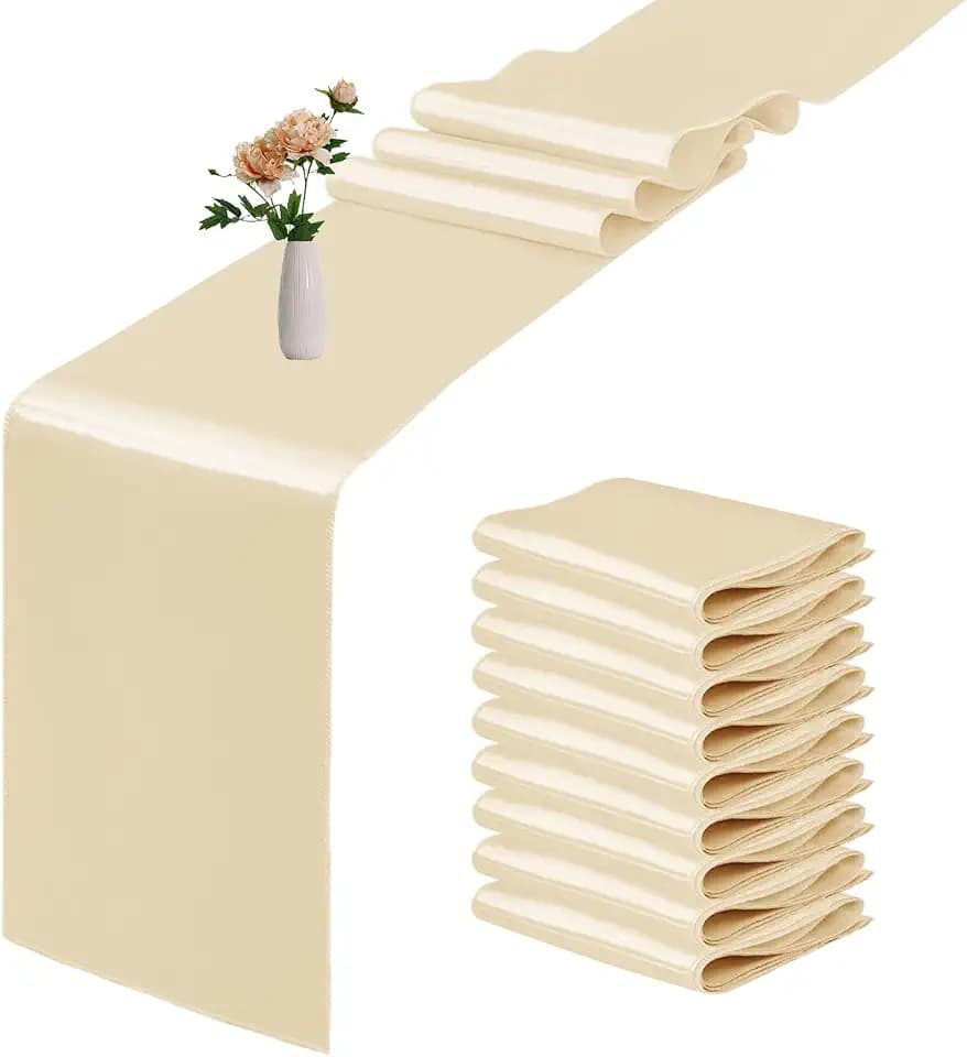 10 Pack Satin Table Runner 12 x 108 Inch Long Champagne Smooth Silk Fabric Table Runner for Birthday Parties Wedding Banquets Decorations.