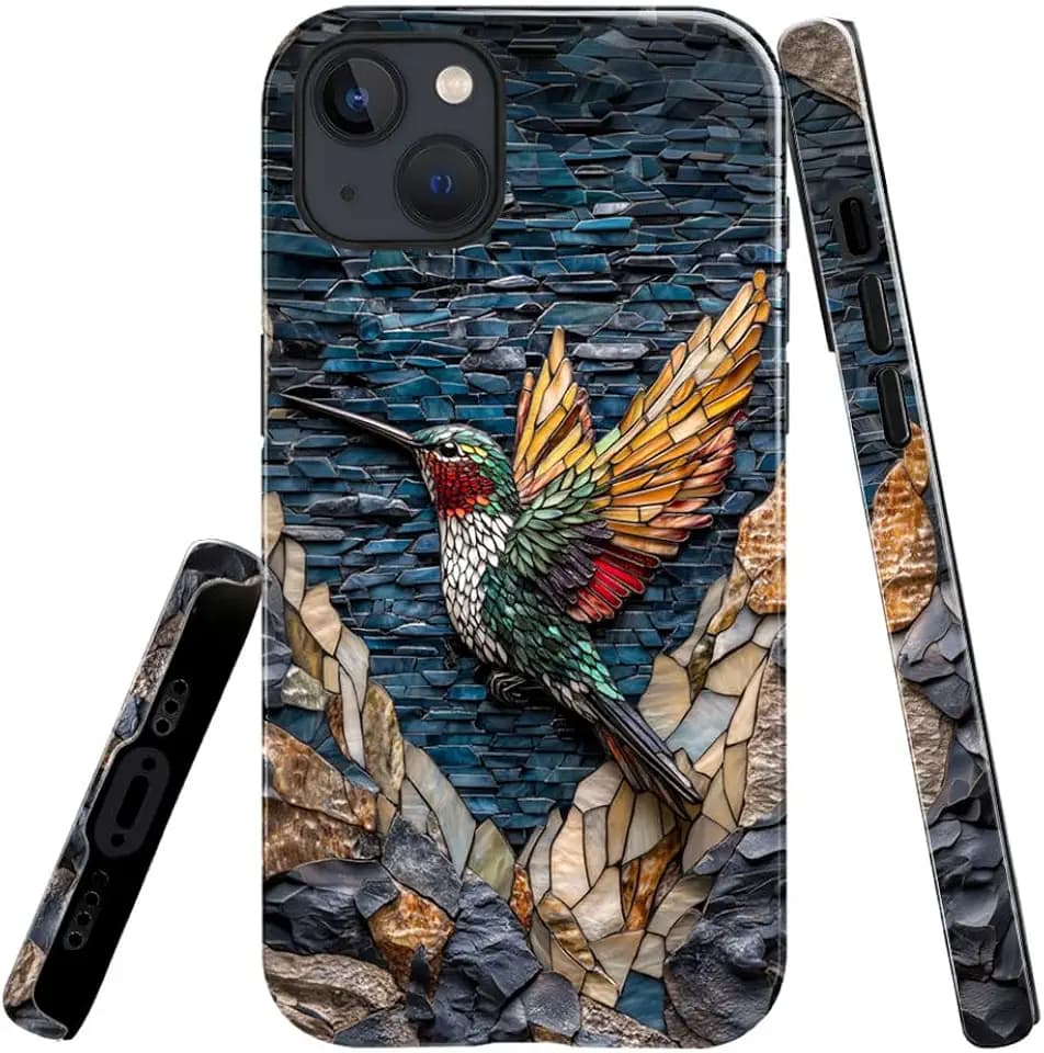 Compatible with iPhone 15 Case,Glossy Case All-Round Protection Shockproof Anti-Scratches TPU Cover,Cases for Man Woman-Hummingbird Stained Glass