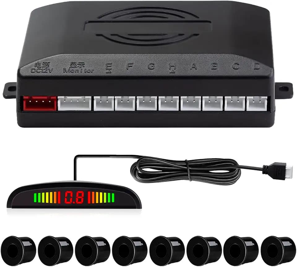 Einparkhilfe mit 8 Vorne Hinteren Parksensoren mit Summer LED-Anzeige (8 Sensoren, Schwarz)