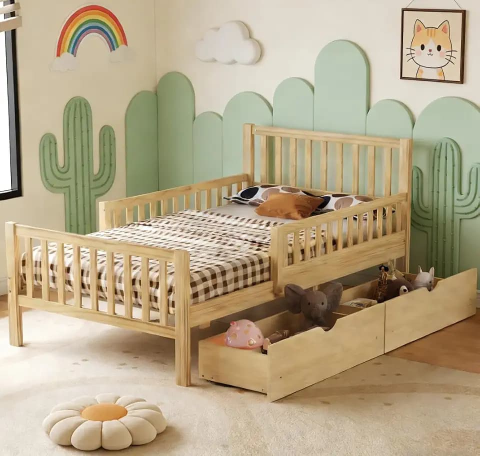 Bellemave Twin Bed Frames with Storage Drawers for Kids, Twin Bed with Rails, Twin beds Frame for Boys/Girls/Adults, Natural