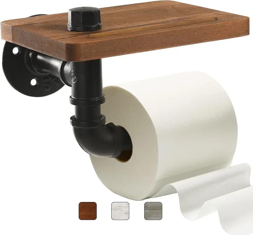 Industrial Pipe Wall Mounted Toilet Paper Holder with Shelf - Rustic Wood and Metal Bathroom Tissue Roll Holder, Farmhouse Decor for Bathroom-Brown