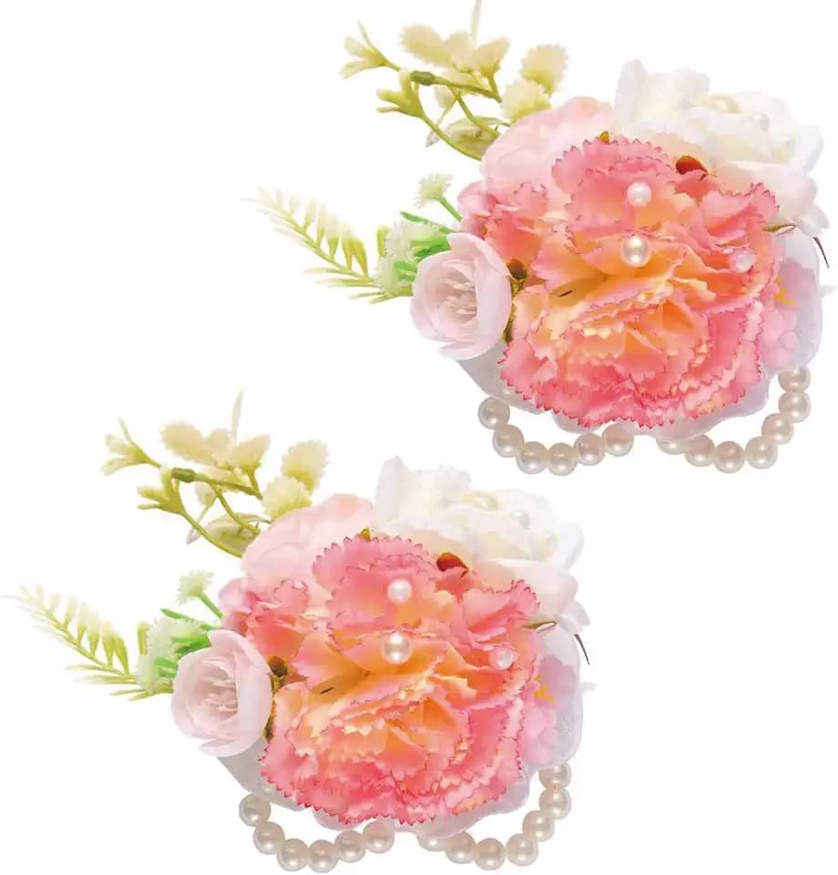 Wrist Corsage 2pcs for Wedding Prom Bridal, Pink White Carnation