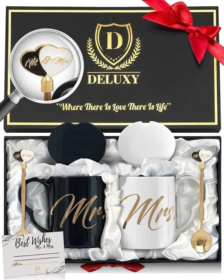 DELUXY Wedding Gift for Couple 2025 - Mr and Mrs Coffee Mugs Set - Newlywed, Bridal Shower, Bride and Groom Gift - Wedding Anniversary Present for Couples