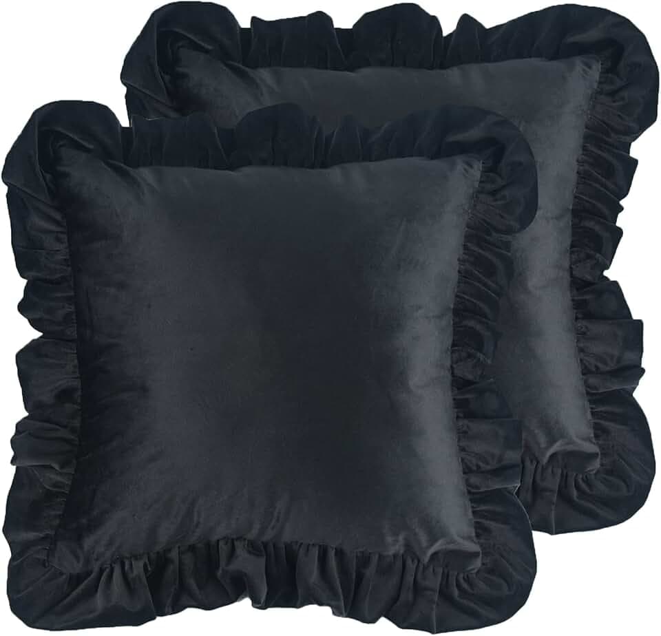 Jemiipee Velvet Ruffle Throw Pillow Covers Couch, Set of 2 Decorative Pillowcases with Ruffles 20x20 Inch Solid Color Shabby Chic Farmhouse Cushion Cover for Living Room Sofa Bed, Black