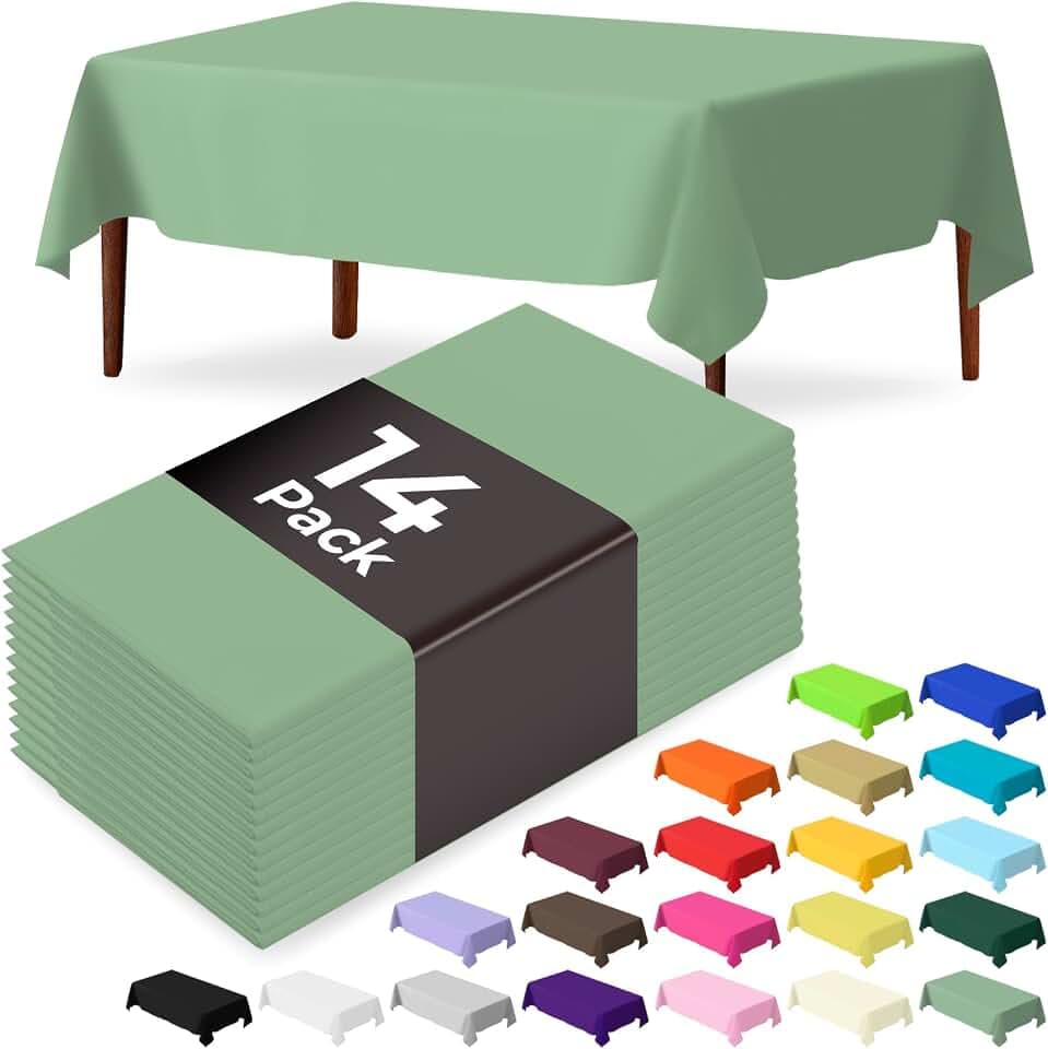 14 Pack Sage Green Plastic Table Cloth 54in x 108in Disposable Rectangle Plastic Table Cover for Parties (Sage Green, 54" X 108" Rectangle)