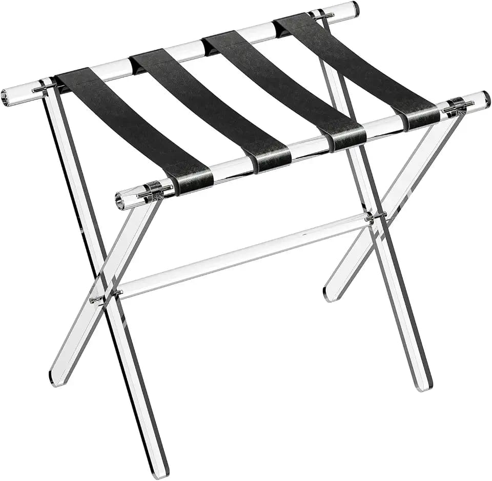 Sumerflos Acrylic Luggage Rack for Guest Room - Foldable Suitcase Stand with Leather Straps for Bedroom Living Room Hotel Heavy-Duty, Holds up to 50-100 lb lightweight Space Saving, Black, 1 Pack