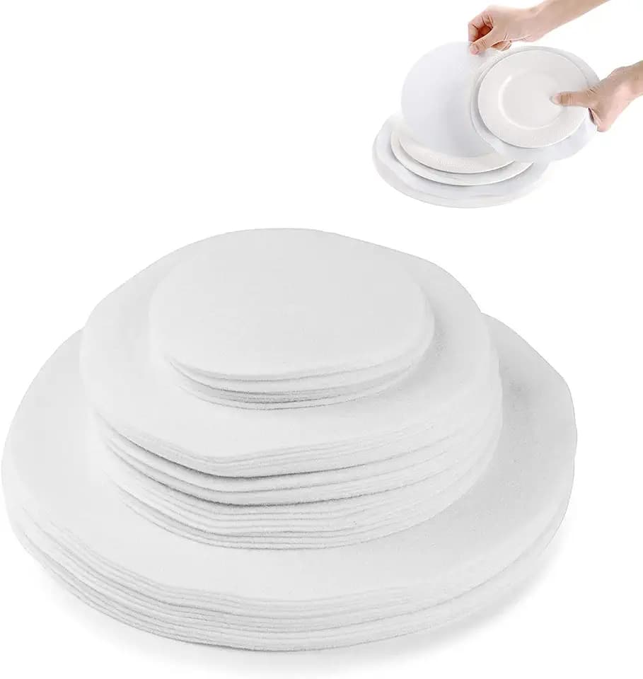 96 Pack Felt Plate Dividers Protectors, Thick Felt Round Plate Separators Pads China Dish Storage Protectors Pads with 3 Sizes for Packing Stacking Porcelain Cookware, White