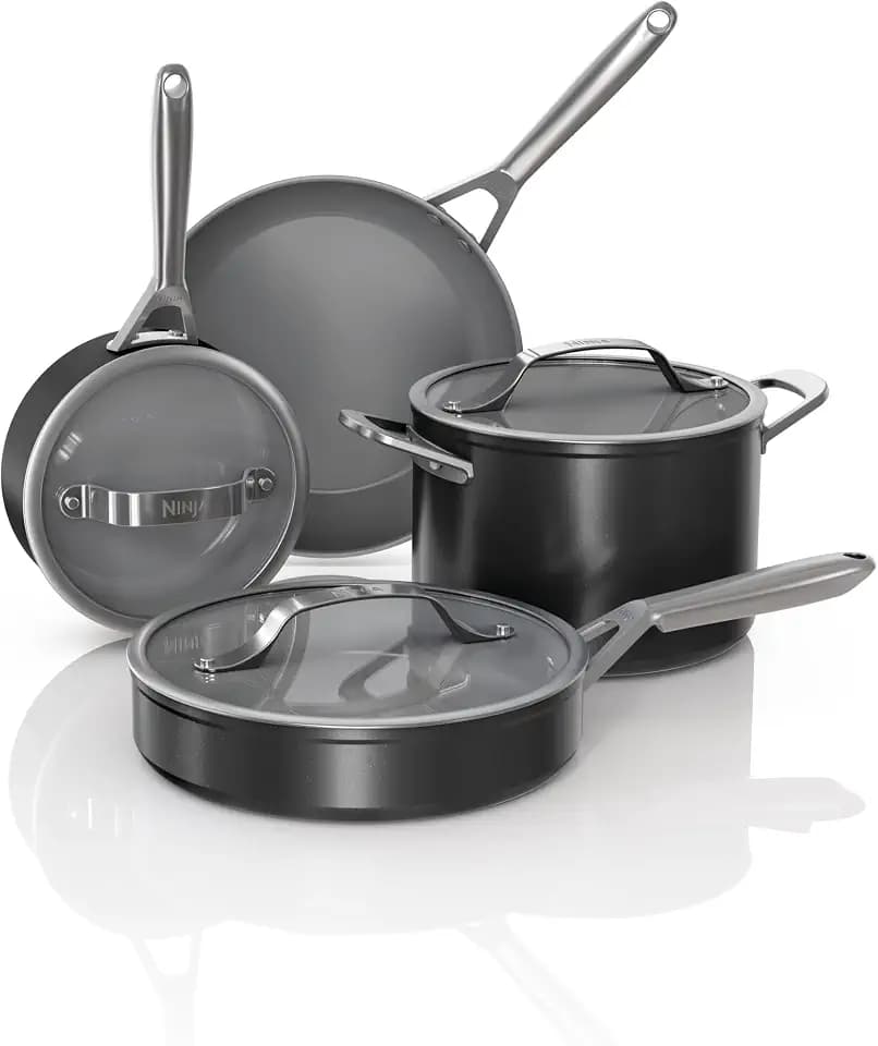 Ninja Ceramic Pro 7-Piece Cookware Set, Non-Stick Pots & Pans Set with Glass Lids, Nontoxic, PTFE Free, Ceramic Coated, Oven Safe, All Stovetops & Induction Compatible, Black, CW39007BK