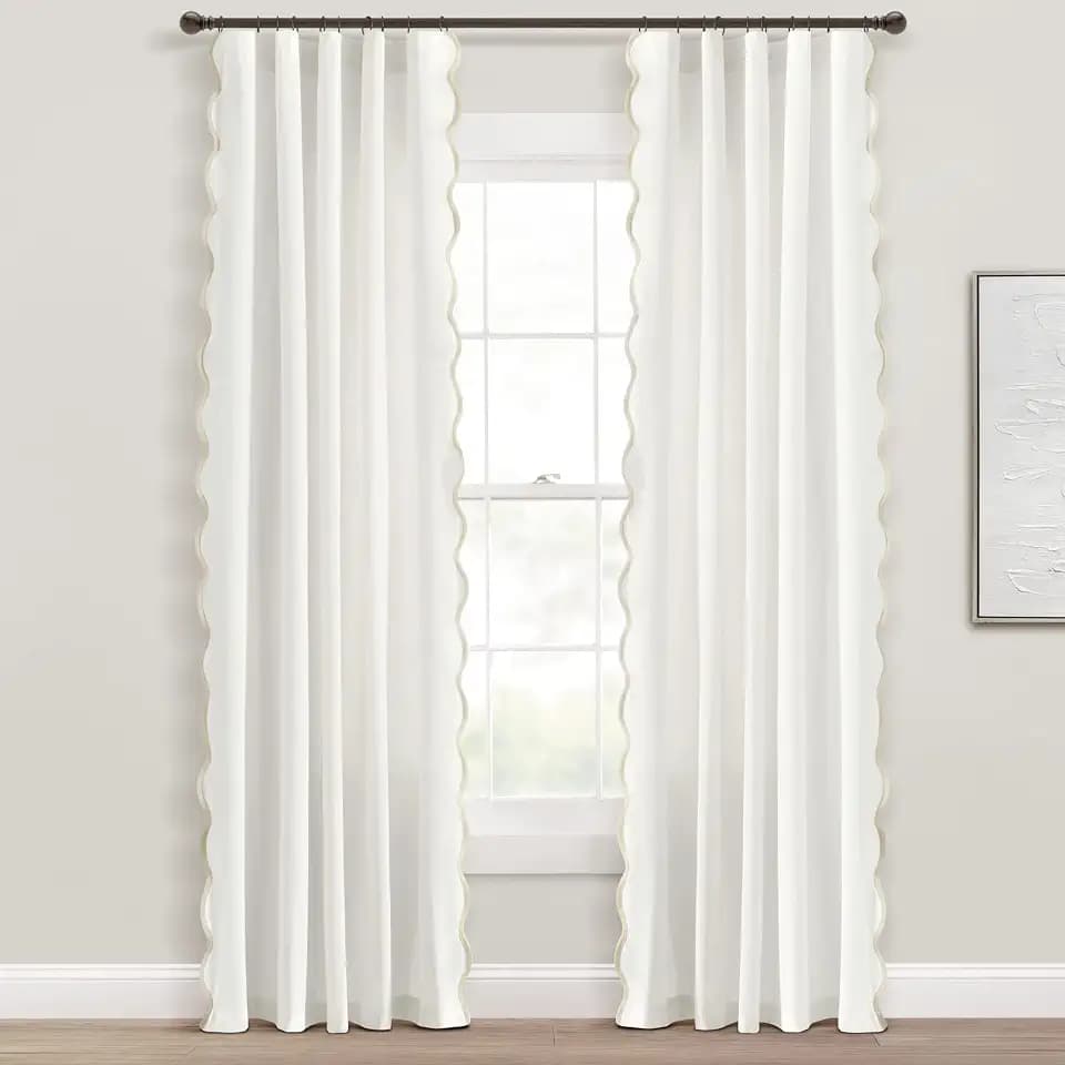 Lush Decor Coastal Chic Scalloped Edge Light Filtering Window Curtain Panels Pair, 52" W x 84" L, Neutral & White - White Curtains for Living Room - Coastal Decor