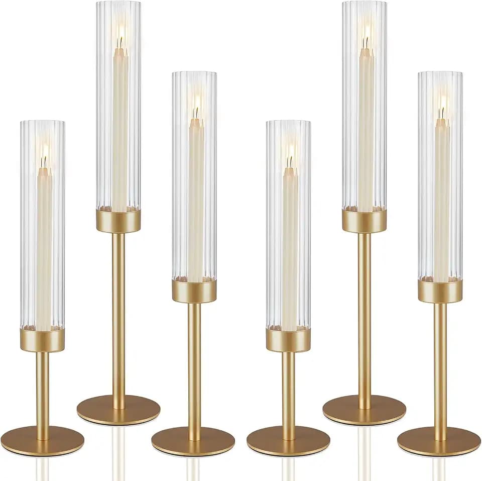 Gold Candlestick Holders Set of 6 Gold Taper Candle Holders for Candlesticks Hurricane Glass Candle Holder Bulk Tall Candle Stick Holder Decor for Fireplace Mantel Thanksgiving Christmas Wedding Table
