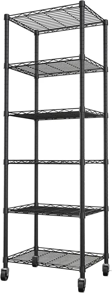 REGILLER 6 Wire Shelving Steel Storage Rack Adjustable Unit Shelves for Laundry Bathroom Kitchen Pantry Closet(Black,11.7" D x 16.8" W x 63" H,With Wheels)