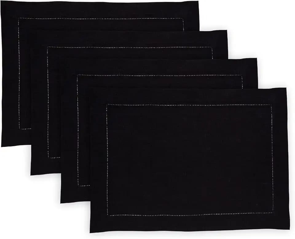 Solino Home 100% Linen Placemats Black, Medium Weight 14 x 19 in, Set of 4