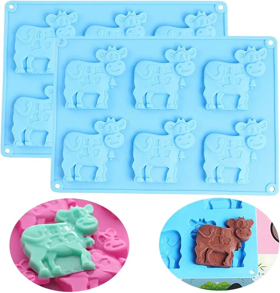 2 Pack Cow Chocolate Molds, Dairy Cattle Cake Pan Silicone Candy Fondant Biscuit Cookie Baking Mold Soap Lotion Bars Polymer Clay Mold (Random Color)