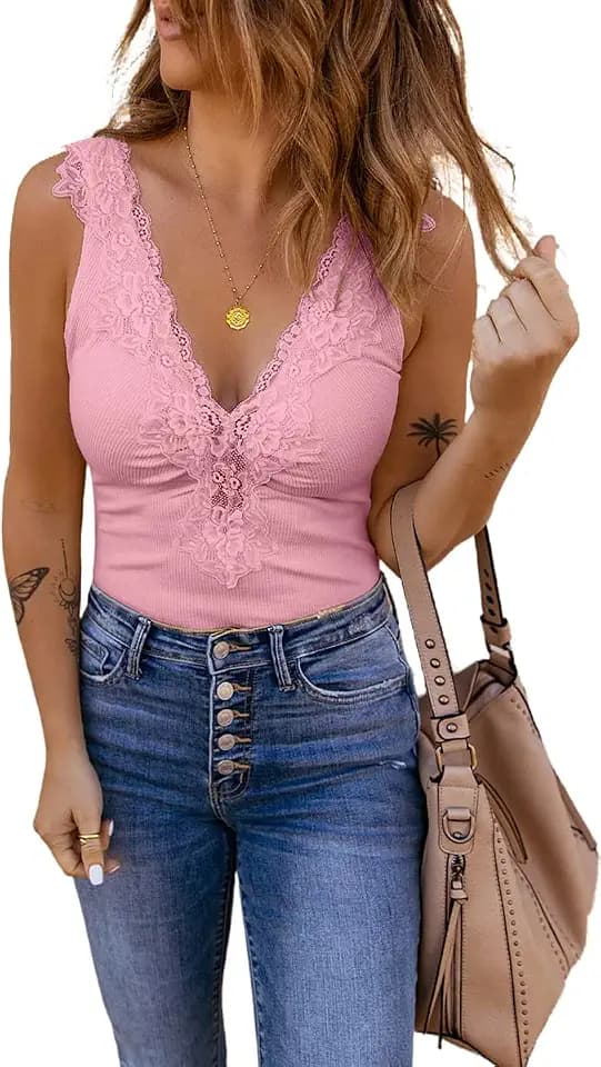 Womens Lace Patchwork Sexy Deep V Neck Knitted Vests Summer Camis Tank Tops