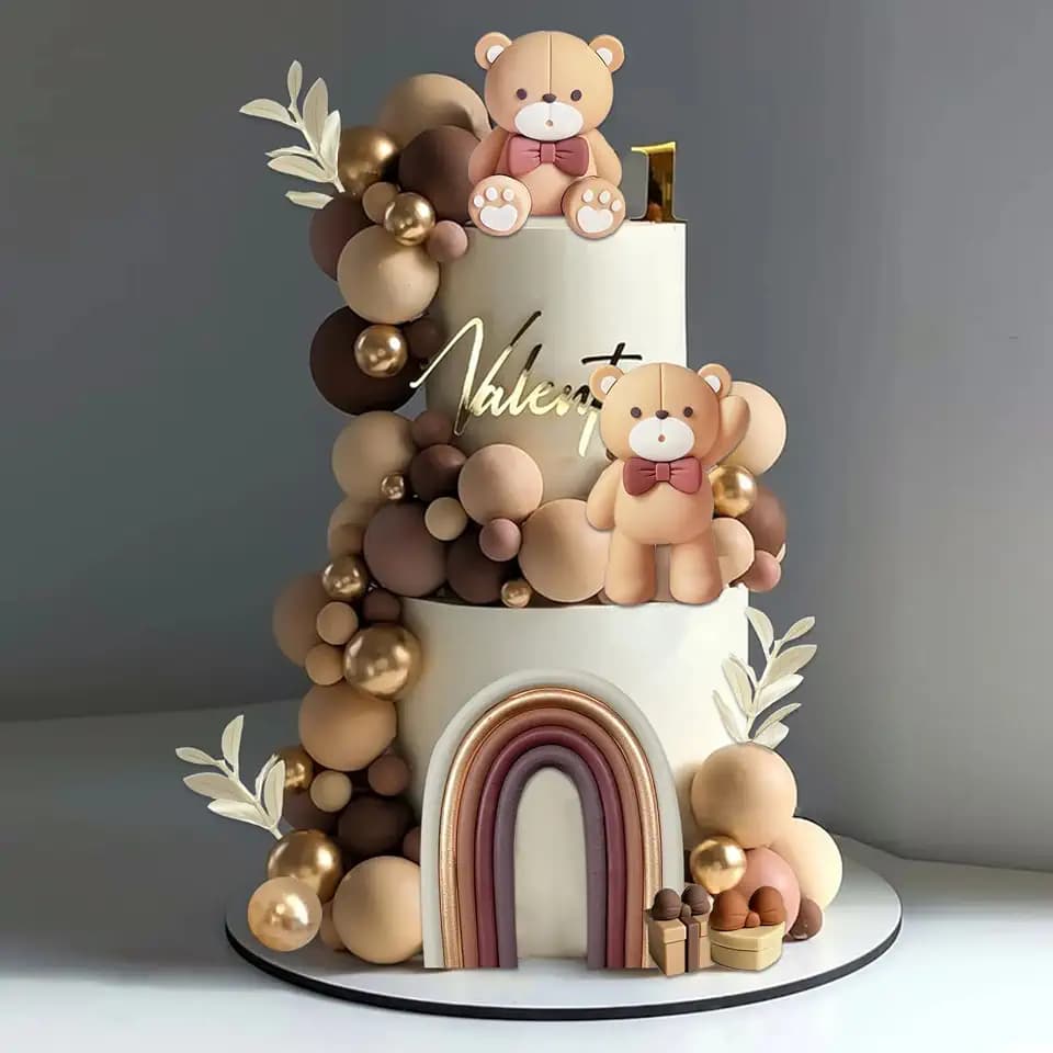 SONICEBUY 33Pcs Bear Cake Topper Boho Rainbow Cake Decorations with Beige Brown Bears Pearl Balls Rainbow Cake Pick for Boy Girl Baby Shower Gender Reveal Wedding Birthday Party Supplies