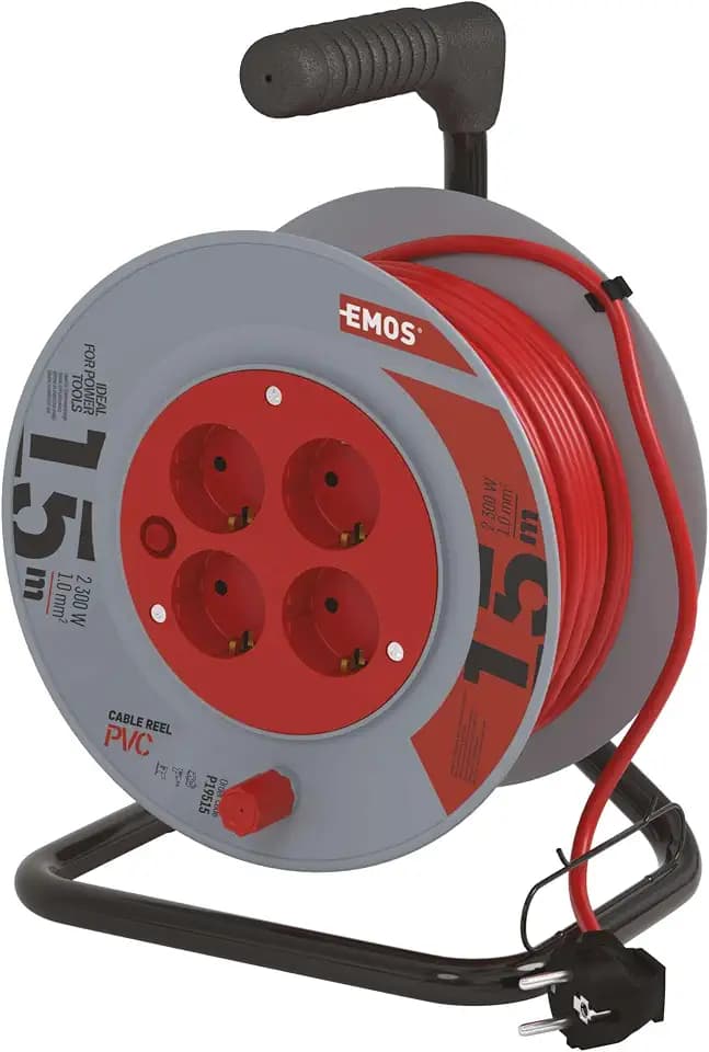 EMOS - Kabeltrommel 15m - 4 Schuko-Steckdosen - 230 V, 10 A, 2300 W - hochwertige PVC-Isolierung - H05VV-F3G 1,0 mm2 - Überhitzungsschutz, Spulenbremse - IP20 für Innen