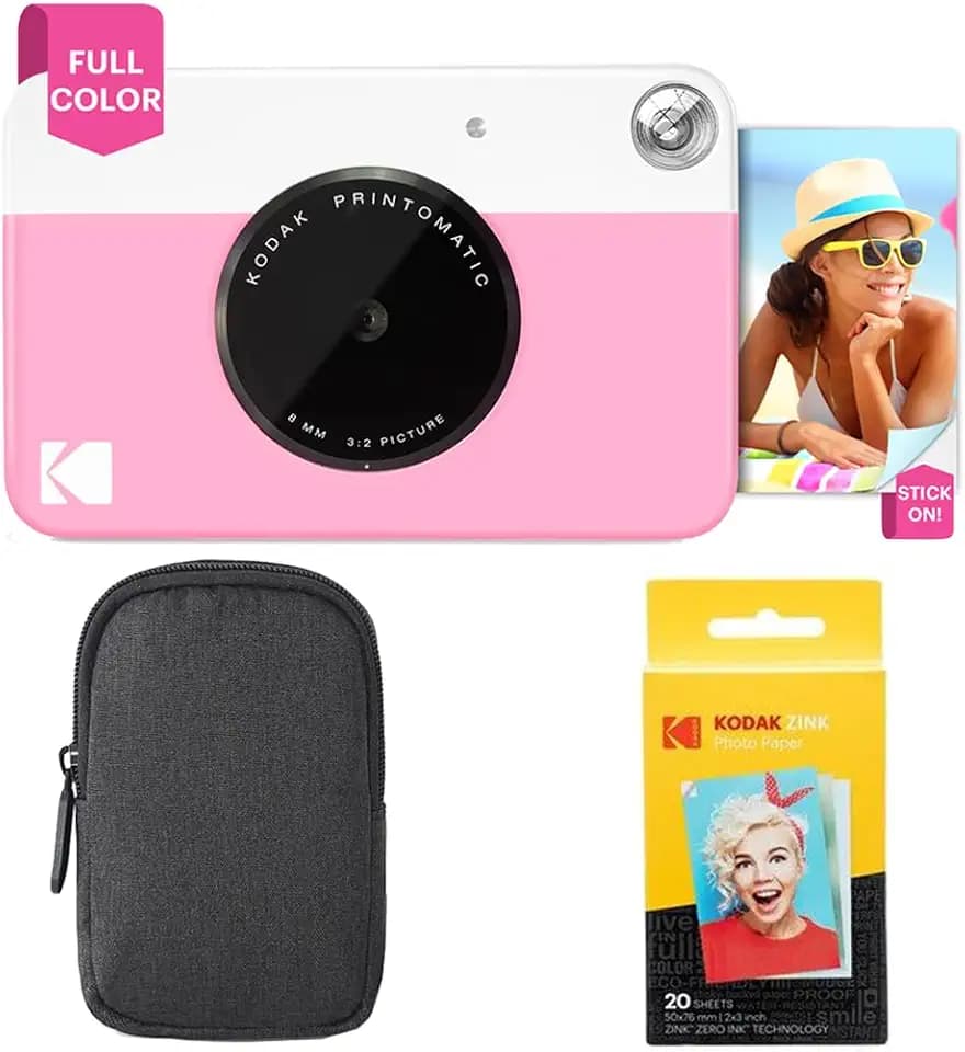 Kodak Printomatic Sofortbildkamera (Rosa) Basis-Paket + Zinkpapier (20 Blätter) Etui + Bequemer Halsriemen