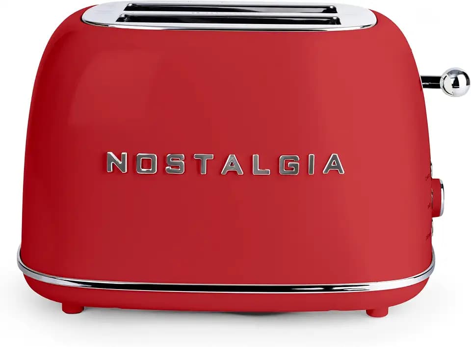 Nostalgia Classic Retro 2-Slice Toaster- Vintage Design- Enamel Coated Steel Body- Wide Slots for all Breads- Crumb Tray, Cord Storage- Defrost,Cancel and Bagel Function & 6 Toasting Levels- Red