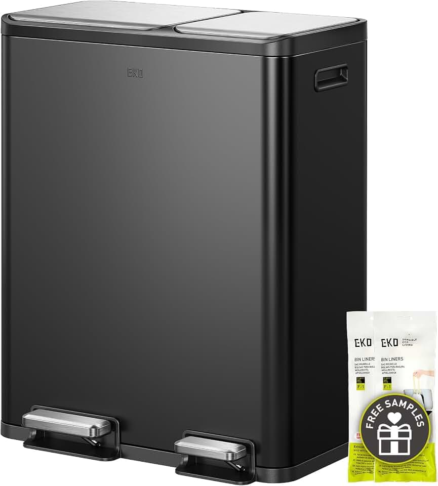 EKO EcoCasa 8+5 Gal (30+20L) Dual Trash Can for Kitchen, Large Stainless Steel Step-On Garbage Can, Trash and Recycle Bin Combo with Soft-Close Lids, Removable Color-Coded Inner Buckets, Matte Black