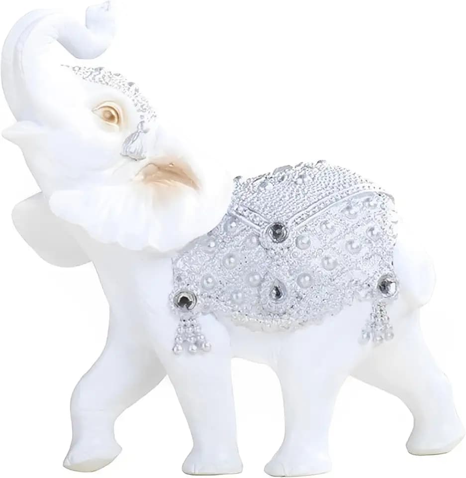 ICE ARMOR 7" W Silver and White Thai Elephant with Trunk Up Statue Feng Shui Decoration Religious Figurine, Multicolor (78GSC88272)