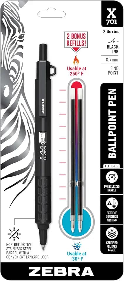 Zebra Pen STEEL X-701 Tactical Ballpoint Pen, Black Ink, 0.7mm, 1-Pack