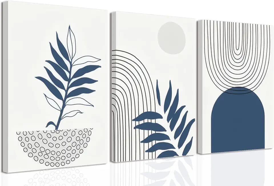 Navy Blue Boho Canvas Wall Art Set of 3 Abstract Bohemian Poster Wall Decor Minimalist Mid-Century Modern Picture Print Geometric Botanical Lines Painting for Bedroom Office Bathroom 16x24in Framed