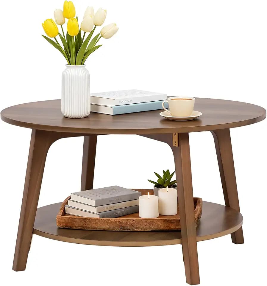 FDW Round Coffee Table 2-Tier Modern Wood Center Table with Storage for Living Room Bedroom or Office Small Space Circle Coffee Table with Sturdy MDF Top & Tapered Legs Easy Assembly,Brown