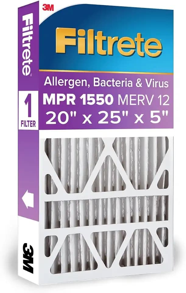 Filtrete 20x25x5 Air Filter MERV 12, MPR 1550 Certified Asthma & Allergy Friendly 1-Pack, Fits Trion AirBear, AC Furnace HVAC Filters, Pleated Electrostatic (Actual Size 19.56 x 24.13 x 4.75 in)