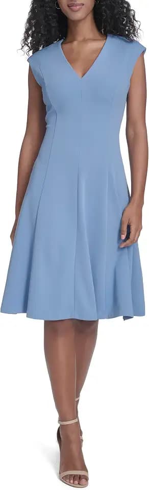 Calvin Klein Cap Sleeve Scuba Crepe V-Neck Aline