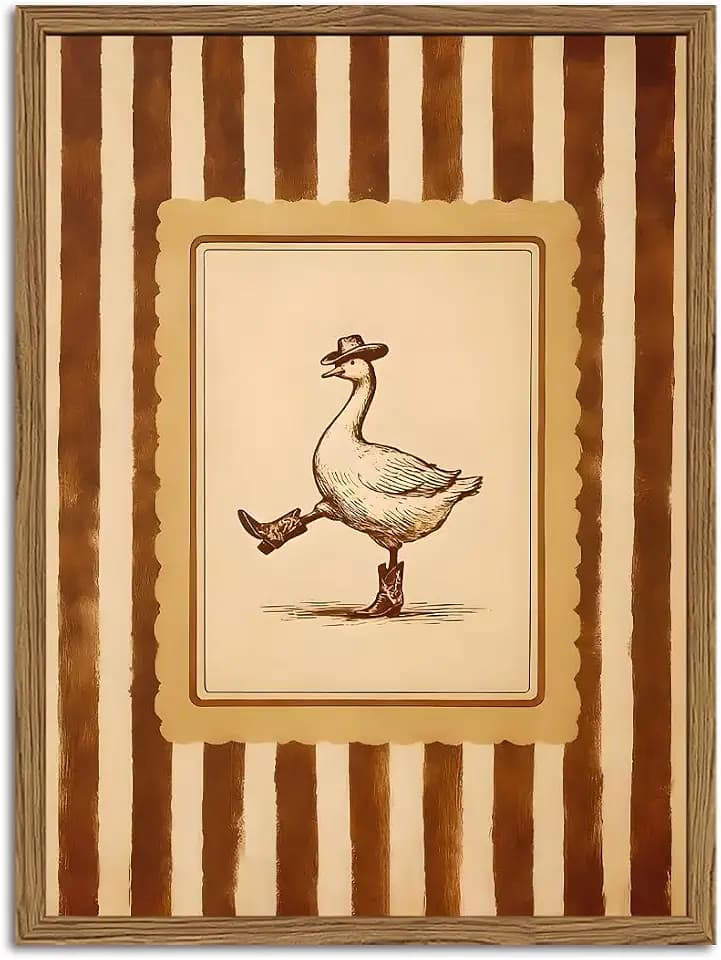 Funny Cowboy Goose Wall Art Silly Western Dancing Goose Wall Decor Painting, Whimsical Cute Stripe Animal Poster Canvas Print Picture for Living Room Bedroom 12x16 inch Wood Framed