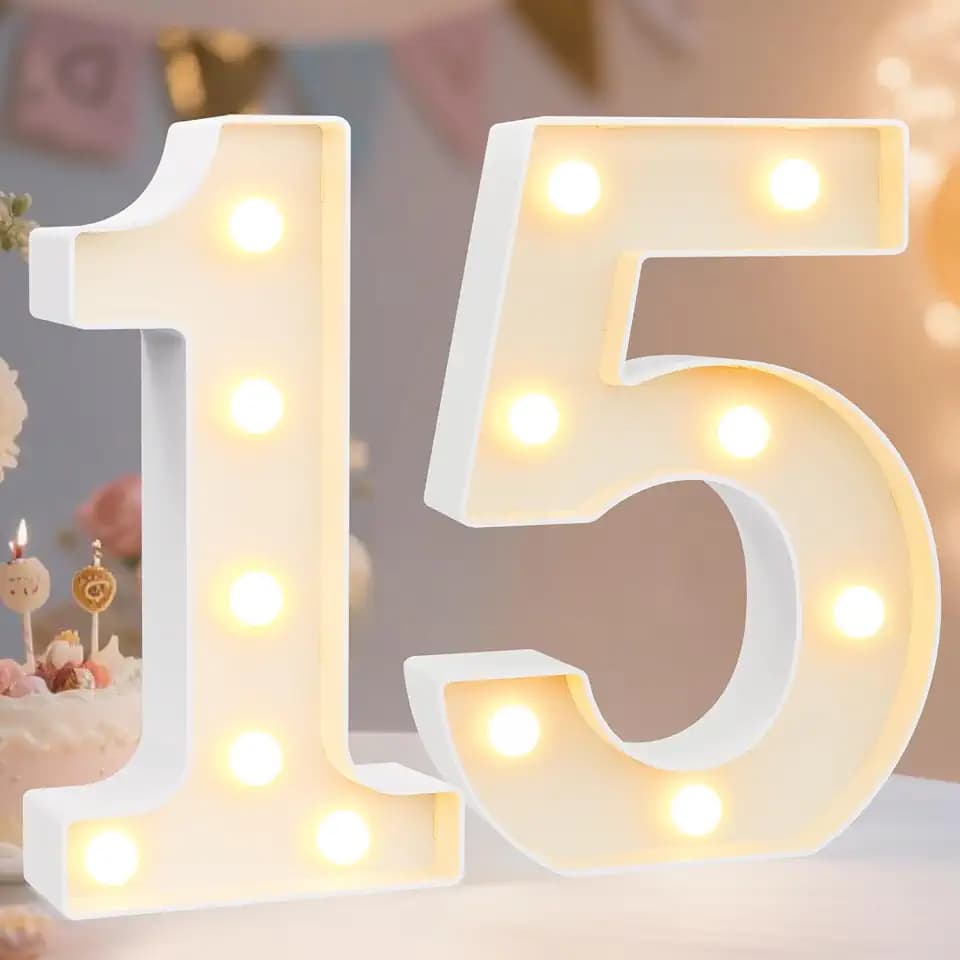 Pooqla Decorative LED Light Up Number Letters, White Plastic Marquee Lights Sign for Birthday Party Wedding Decor, Battery Operated (15)