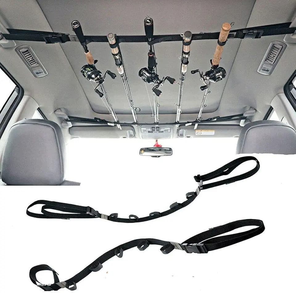 Adjustable Fishing Rod Holder – Easy Carrier Black Vehicle Fishing Pole Storage Rod Rack with 2 Straps for Car Vans SUV Truck Wagon Jeep Roof- 86.6 Inches Length