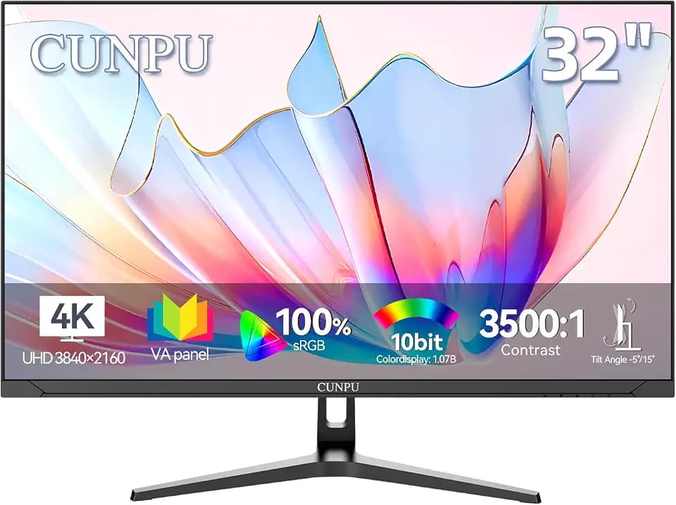 CUNPU 32 Inch 4K UHD VA Computer Monitor, 100% sRGB Color-Accurate, 1.07B Color, PIP/PBP Split Screen, Flicker-Free, VESA 75x75 Ready, HDMI, DisplayPort for Gaming, Office & Streaming
