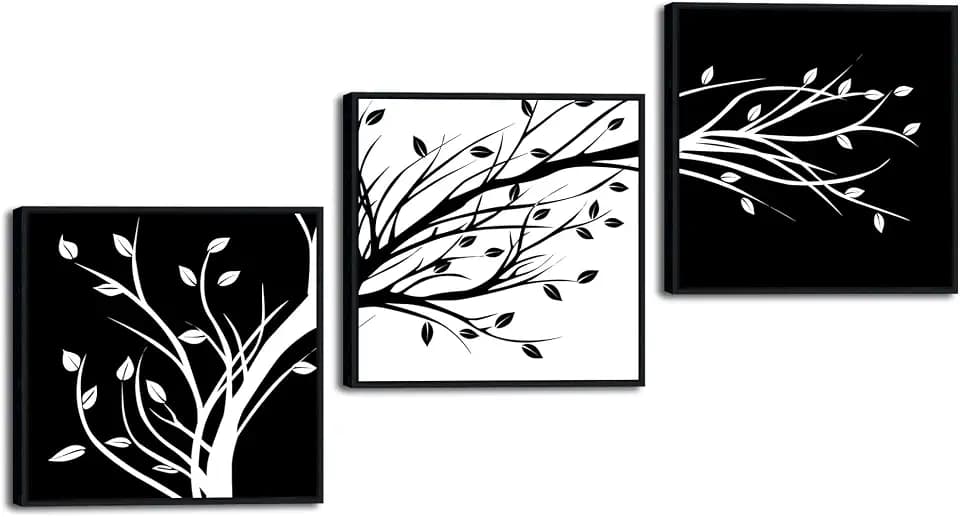 Wieco Art Black Framed Leaves Modern 3 Panels Flowers Artwork Black and White Abstract Floral Trees Canvas Prints Wall Art for Living Room Home Decorations