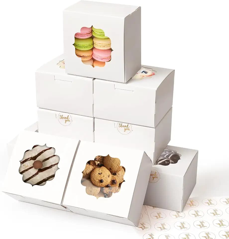 4-Inch Small Cookie Boxes 50 Pcs White - Bakery Treat Boxes with Window for Gifting, To-go Containers for Cake Slice, Macarons, Donuts 4x4x2.5