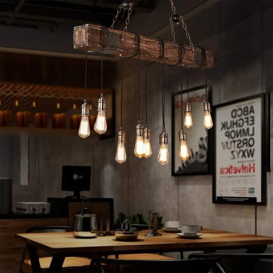 10-Lights Rustic Chandelier Wooden Retro Pendant Light Industrial Suspension Light Wood Chandelier -line can be Adjusted Freely