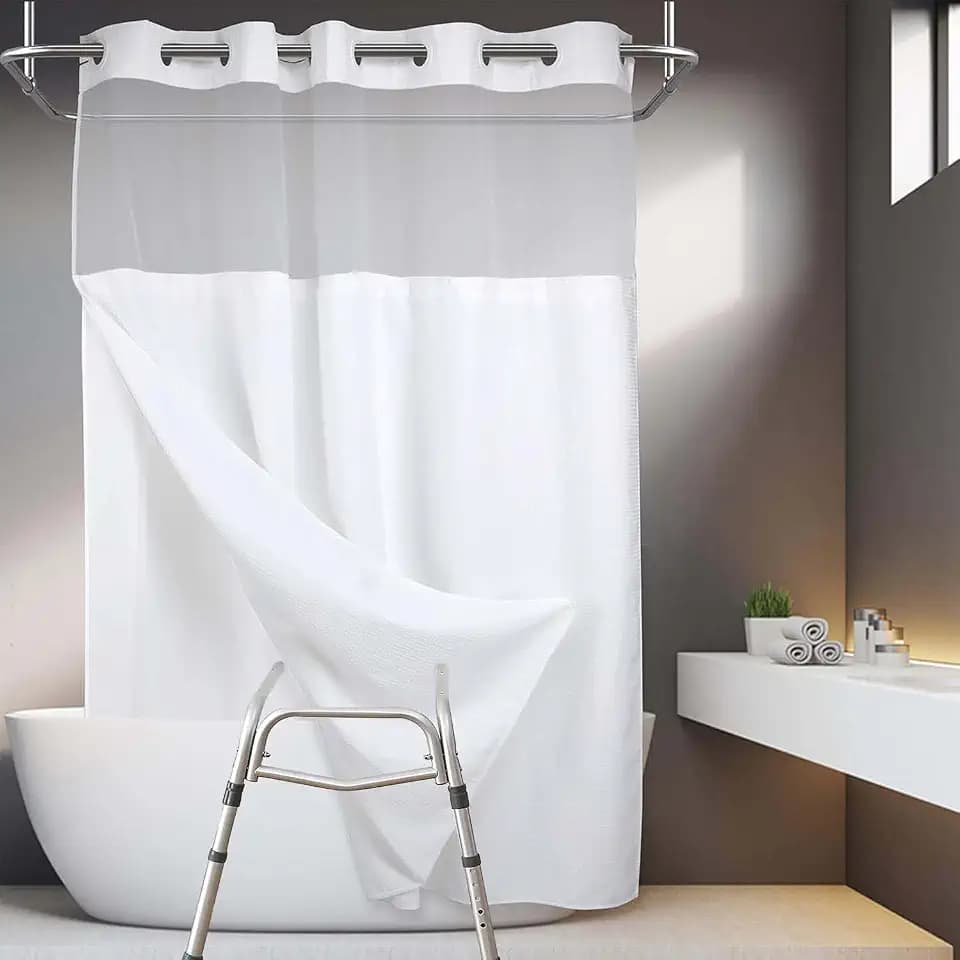 White Split Shower Curtain for Bath Transfer Benches, Polyester Fabric Bathroom Blackout Cloth with Snap-in Fabric Liner Set, No Hooks Bath Curtain, 71 x 74inch