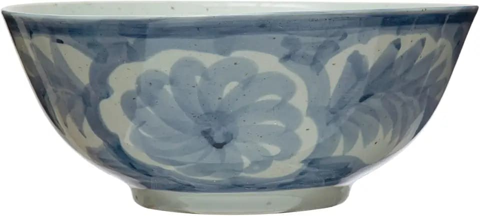 Creative Co-Op Hand Painted Stoneware Bowl with Floral Design, Blue and White