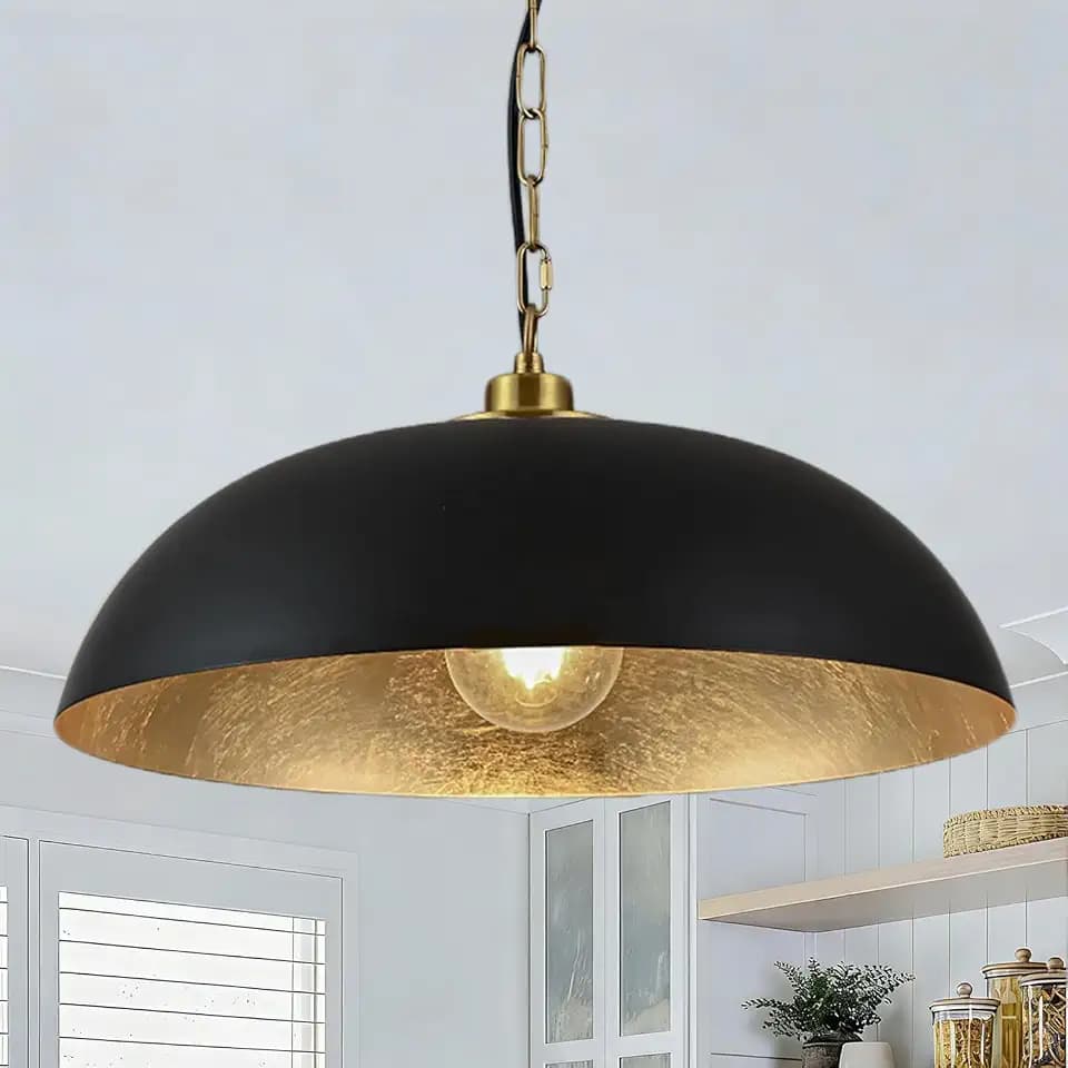 Black and Gold Dome Pendant Lighting for Kitchen Island, 20" Matte Black Chandelier with Gold Leaf Interior, Ceiling Light for Dining Room or Bar