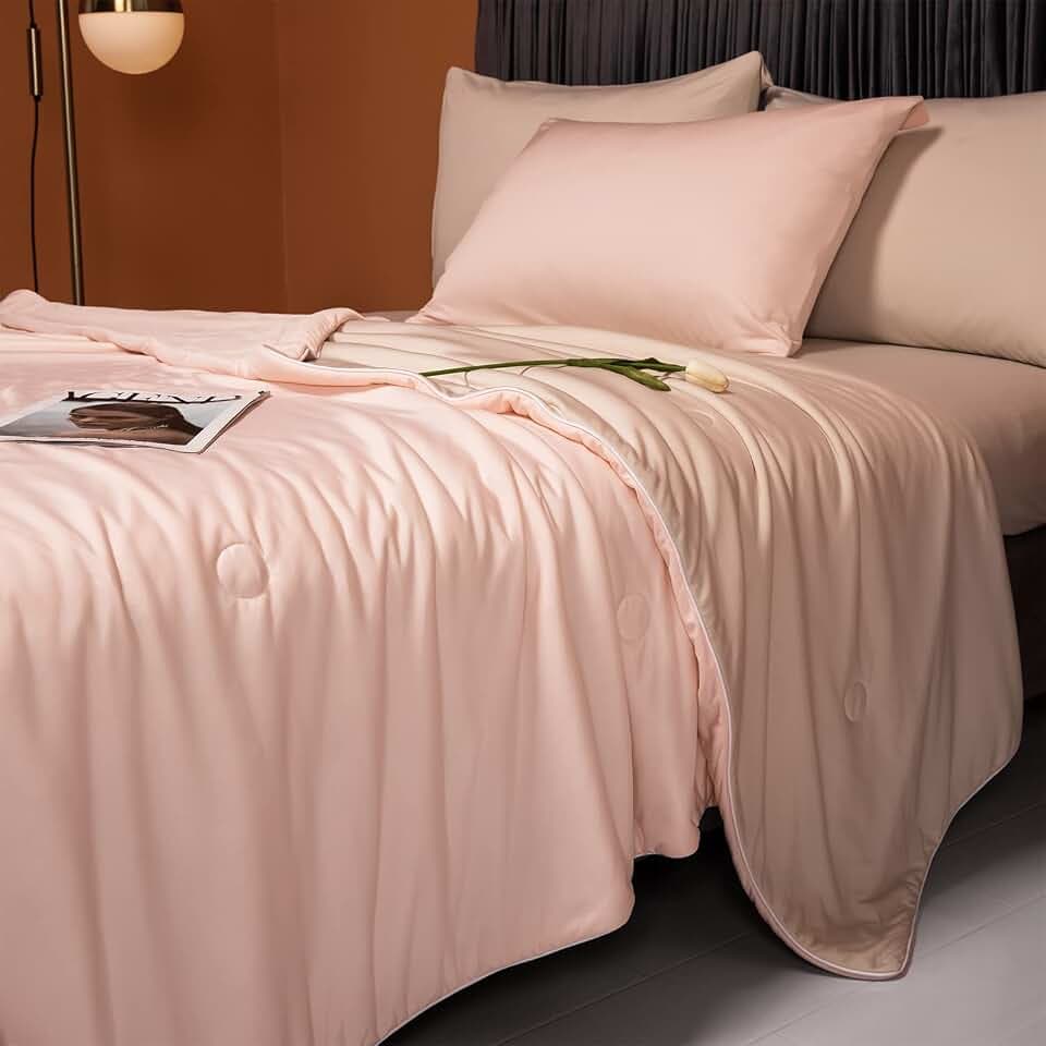 LLanCL Cooling Blankets for Hot Sleepers - Cool Like Ice Cream Lightweight Blanket for Summer with Double Side Cold, Cooling Comforter, Quilt, Fabric for Bed (Queen Size 79" x 91" Pink & Beige)