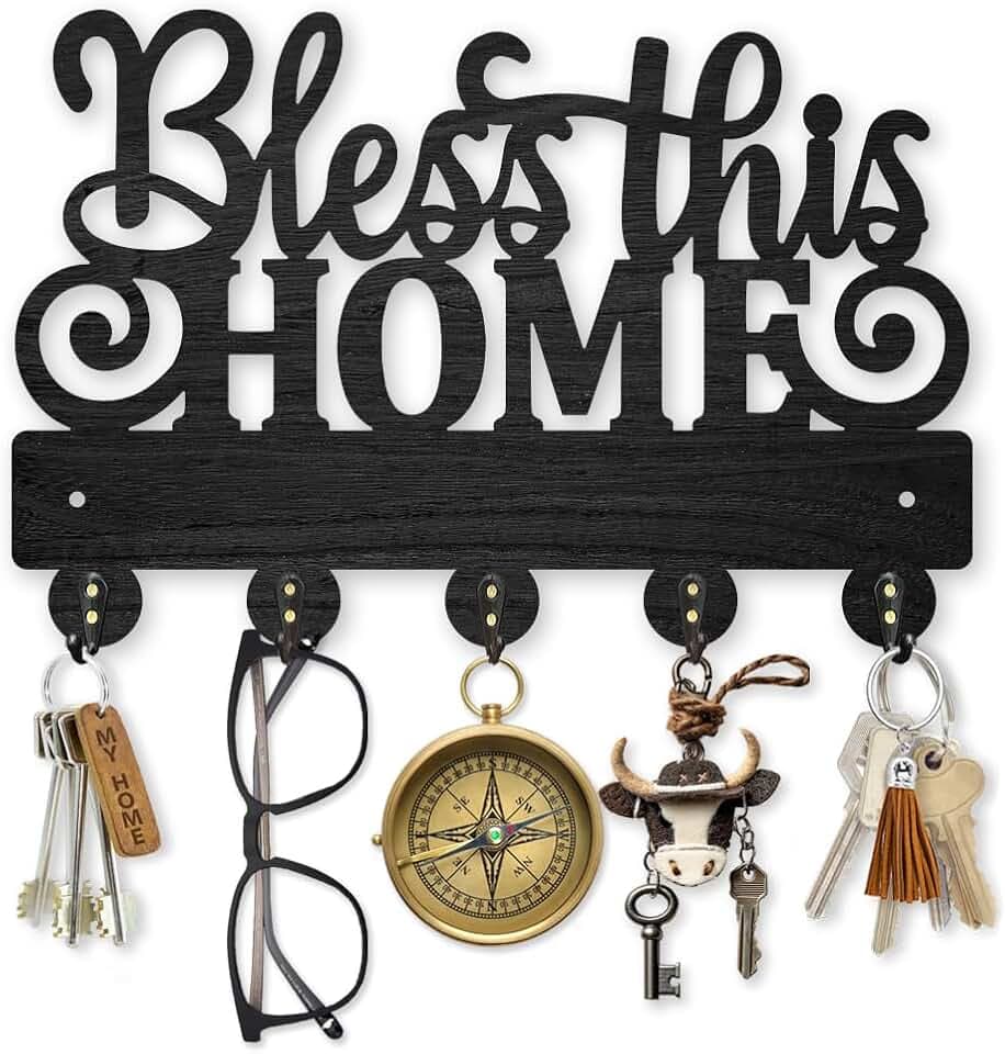 MAYJOYDIY "Bless This Home Wooden Key Hook Blessing Sign Coat Holder for Wall 11.8×7.8inch Black Art Key Holder with 5 Alloy Hooks for Entryway Front Door Kitchen Office Decor