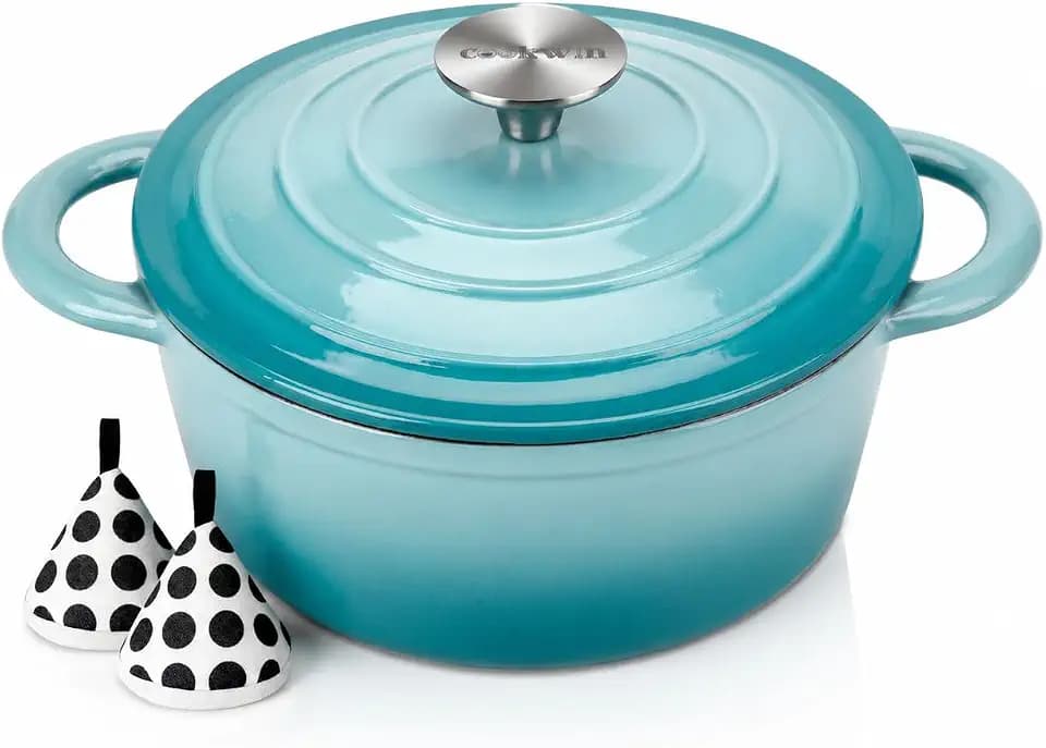 COOKWIN Enameled Cast Iron Dutch Oven, 5 QT Bread Baking Pot with Self Basting Lid, Non-stick Enamel Coated Cookware Pot, Great Christmas Gifts for Family, Teal