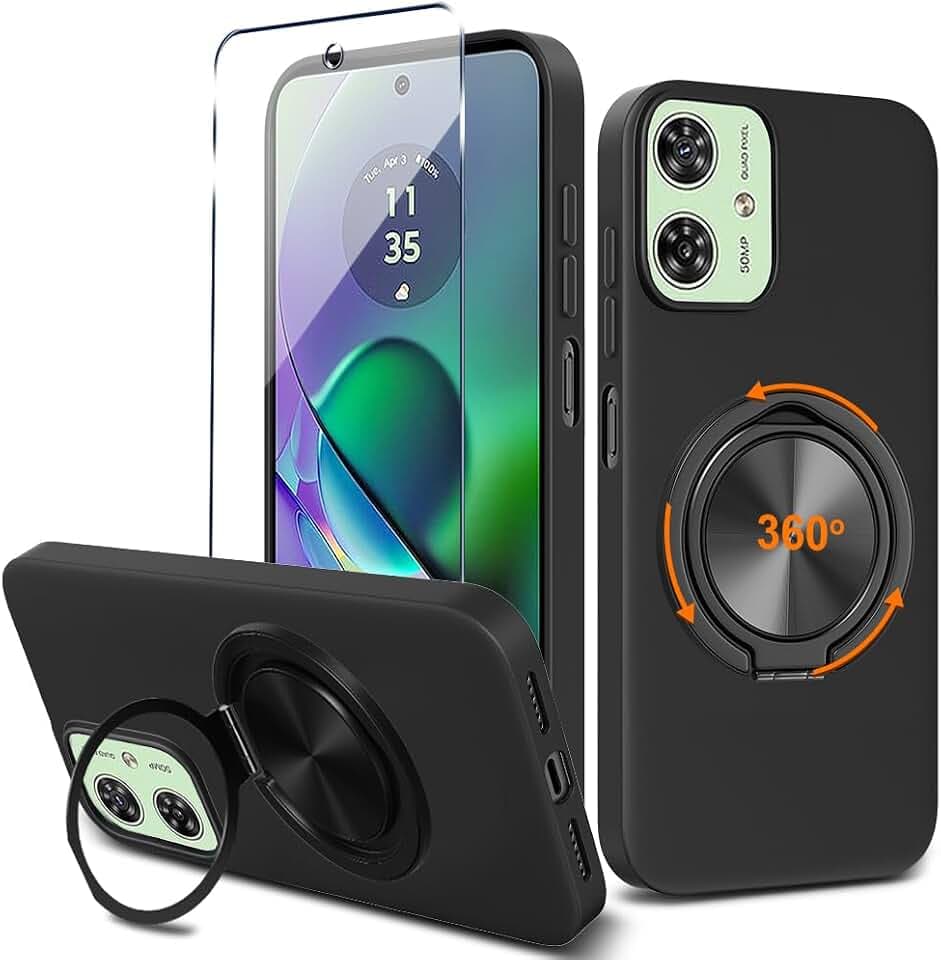 Compatible for Motorola Moto G54 5G Phone Case with Tempered Glass Screen Protector 360° Rotatable Ring Holder Kickstand/Stand Silicone TPU Silm Fit Shockproof Protective Cover Case - Black