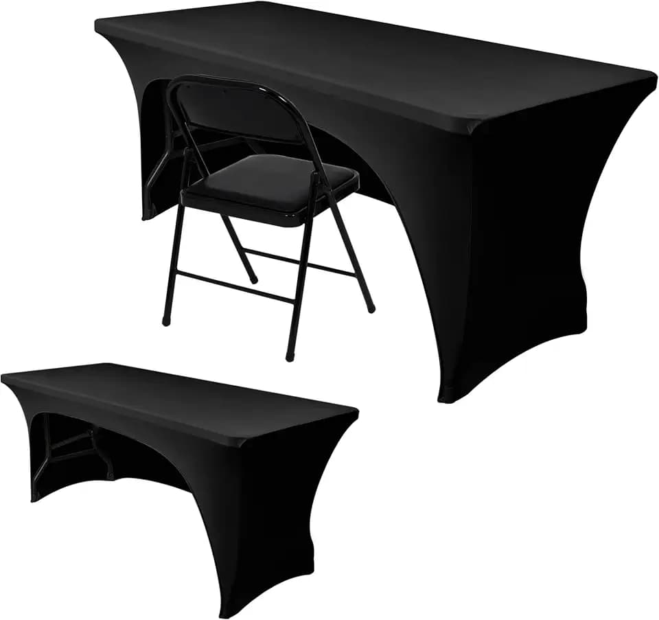 Nasitos 2 Pack Black Table Cloth Rectangle - 8 ft Spandex Stretch Tablecloths Fitted, Washable, Wrinkle-Free for Parties, Banquet & Trade Shows