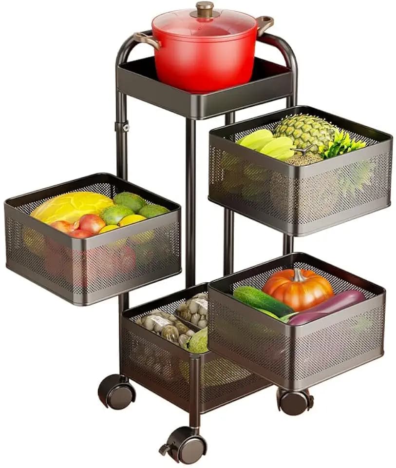 4-Tier Thickened Carbon Steel Rotating Kitchen Storage Cart with Wheels, Mobile Utility Rack with Top Lid, Fruit Vegetable Basket, Rotating Produce Organizer for Bathroom Living Room, No Assembly