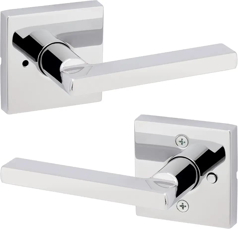 Kwikset Halifax Interior Privacy Door Handle with Lock, Door Lever For Bathroom and Bedroom, Polished Chrome Reversible Keyless Push Button Lock Door Lever